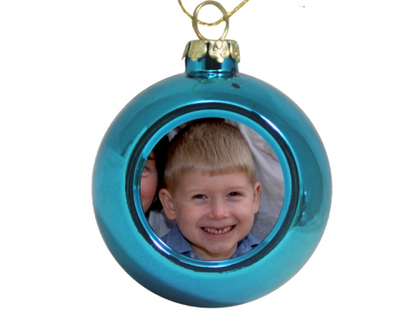 Boule de Noël bleue à personnaliser avec une photo